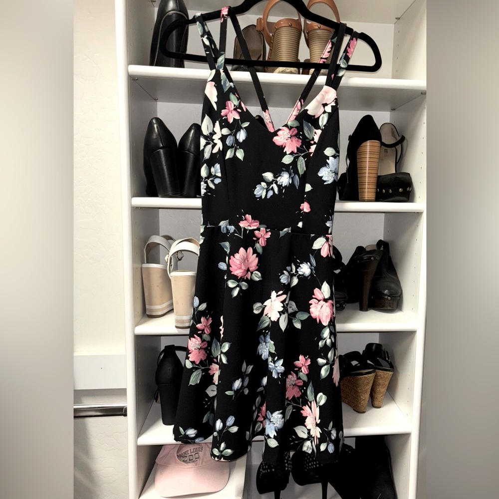 Trixxi Black Mini Dress with Pink and White Floral Pattern